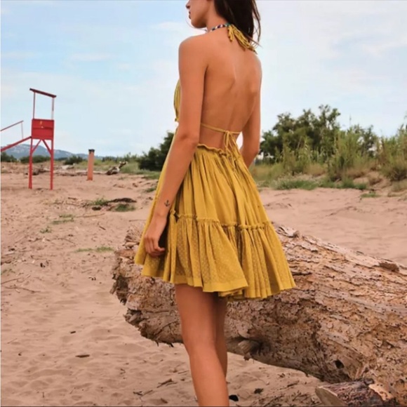 CLOSEOUT SALE New! Mustard Swiss Dot Ruffle Halter Dress - Picture 4 of 8